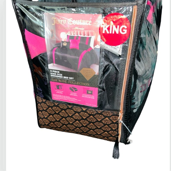 JUICY COUTURE BLACK SATIN W/ HOT PINK VELVET STRIPES 5PC KING COMFORTER SET NWT - Picture 2 of 11
